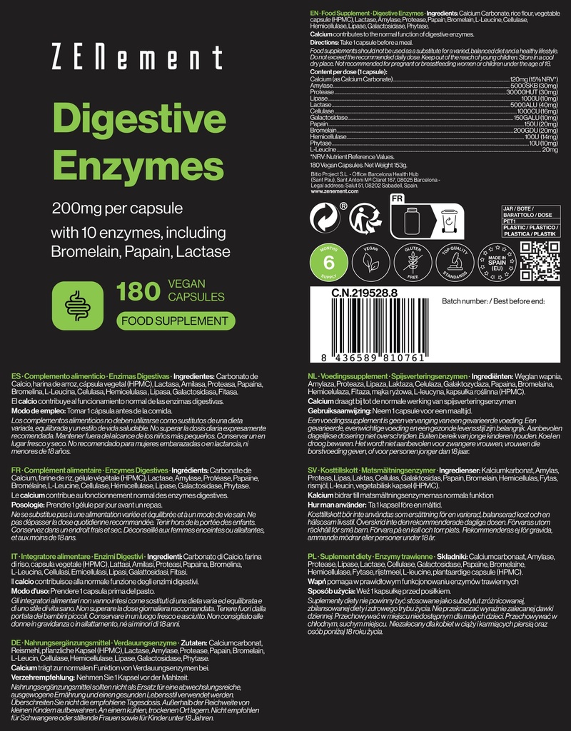 Enzimas Digestivas - 180 Cápsulas Veganas