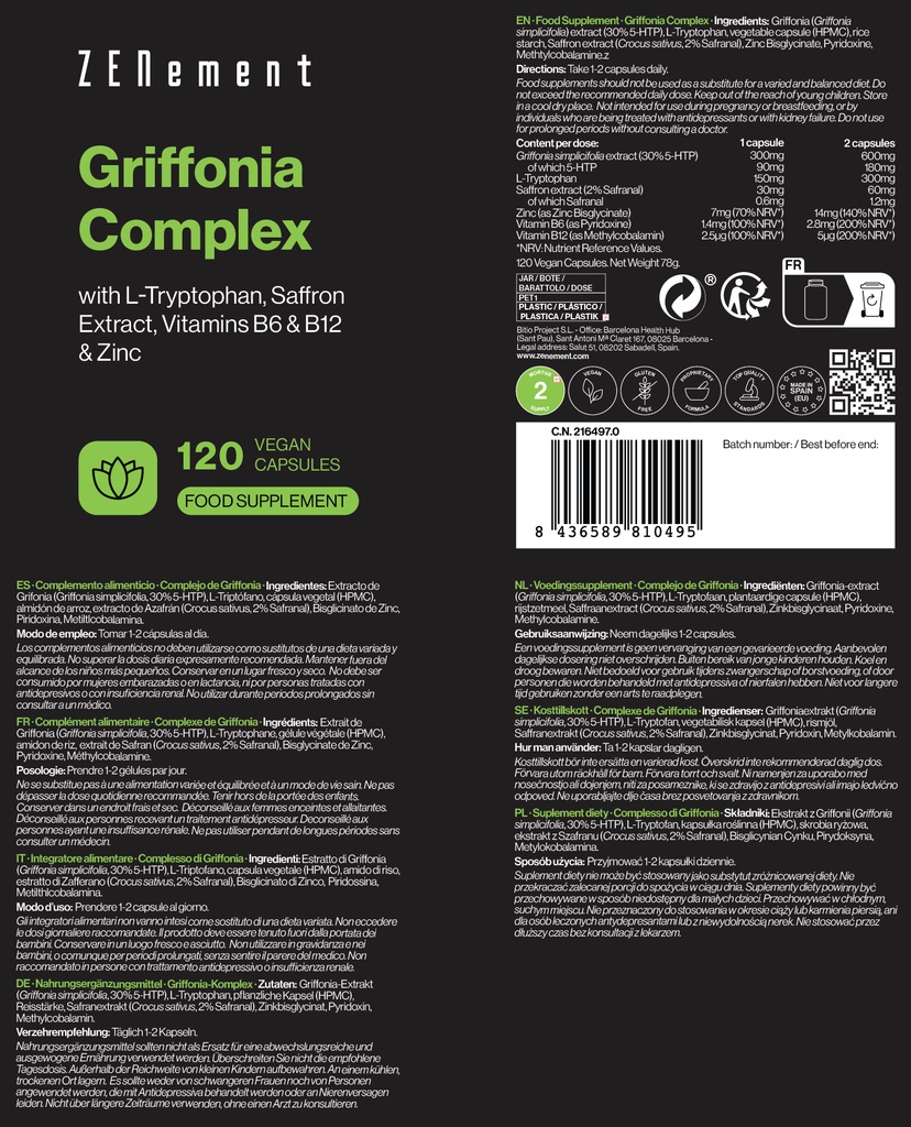 Complejo de Griffonia - 120 Cápsulas Veganas