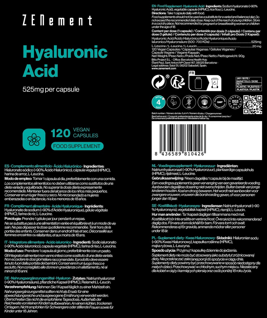 Ácido Hialurónico - 120 Cápsulas Veganas