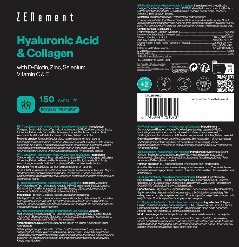 Ácido Hialurónico y Colágeno - 150 Cápsulas