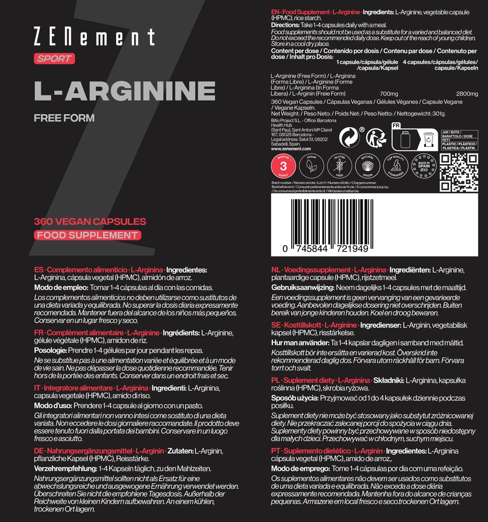 L-Arginina - 360 Cápsulas Veganas