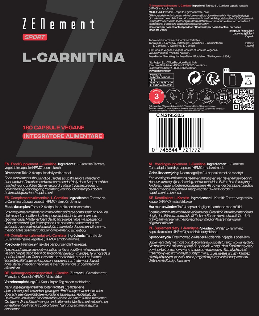 L-Carnitina - 180 Cápsulas Veganas