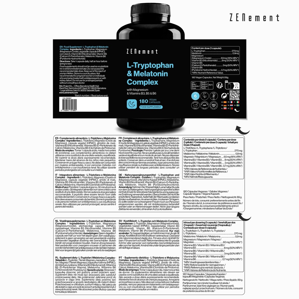 Complejo de L-Triptófano y Melatonina - 180 Cápsulas Veganas