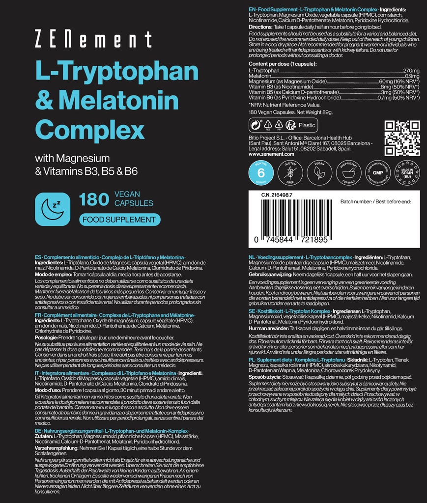 Complejo de L-Triptófano y Melatonina - 180 Cápsulas Veganas