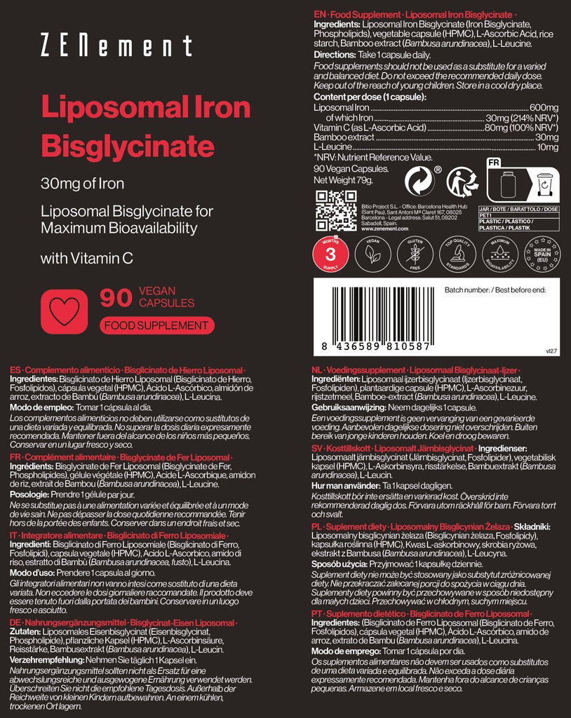 Bisglicinato de Hierro Liposomal - 90 Cápsulas Veganas