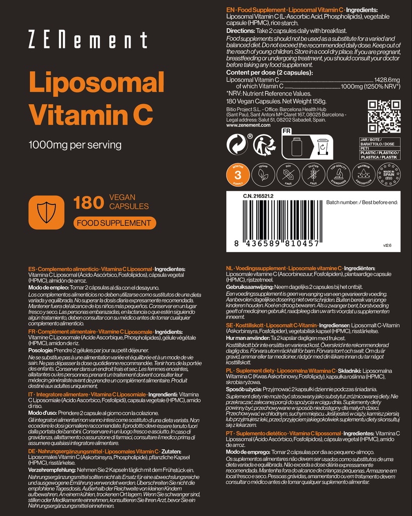 Vitamina C Liposomal - 180 Cápsulas Veganas