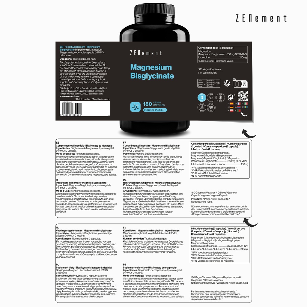 Bisglicinato de Magnesio - 180 Cápsulas Veganas