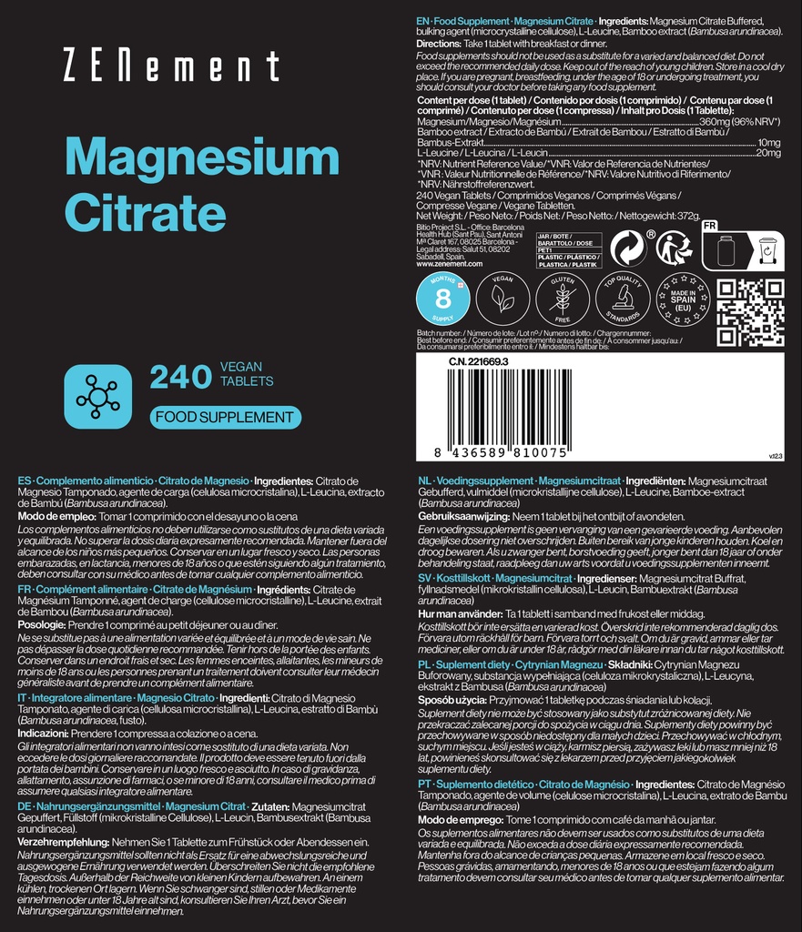 Citrato de Magnesio - 240 Comprimidos Veganas