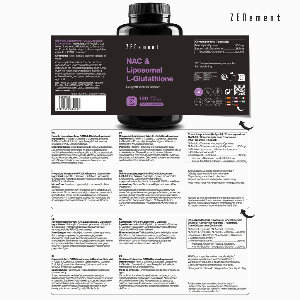 NAC y L-Glutatión Liposomal - 120 Cápsulas Veganas