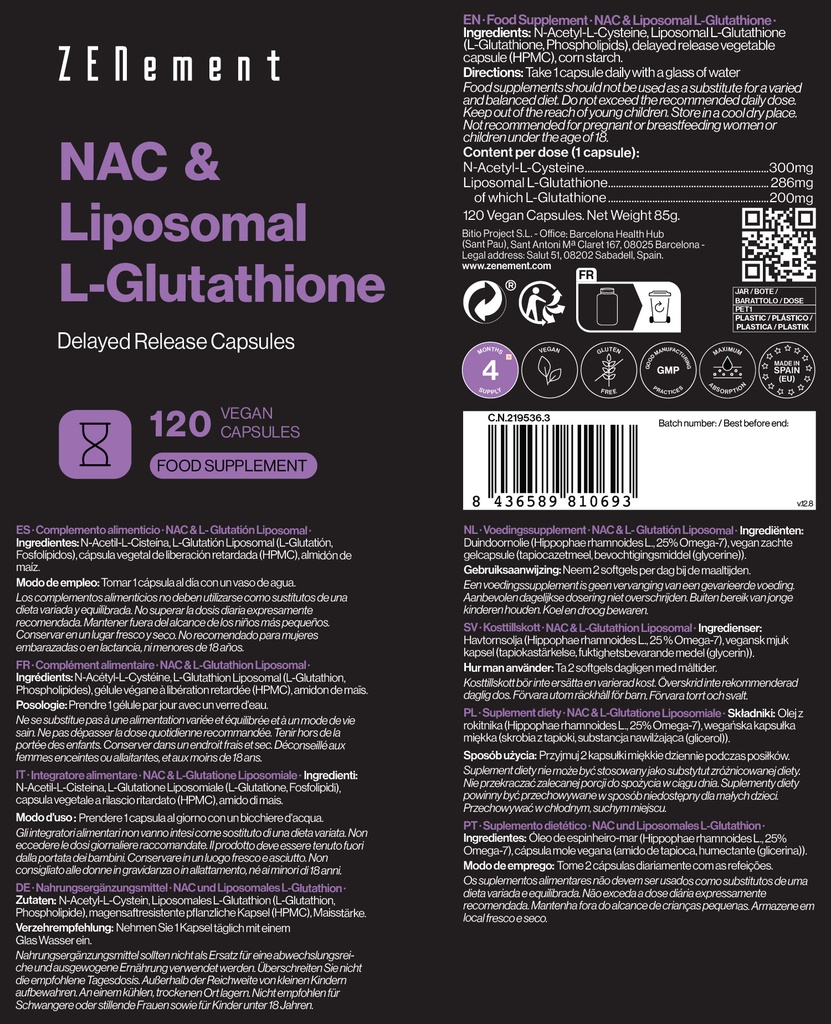 NAC y L-Glutatión Liposomal - 120 Cápsulas Veganas