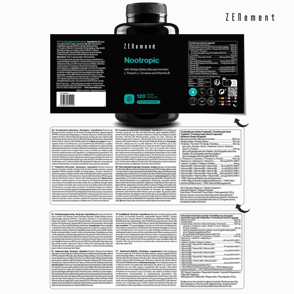 Nootrópico - 120 Cápsulas Veganas