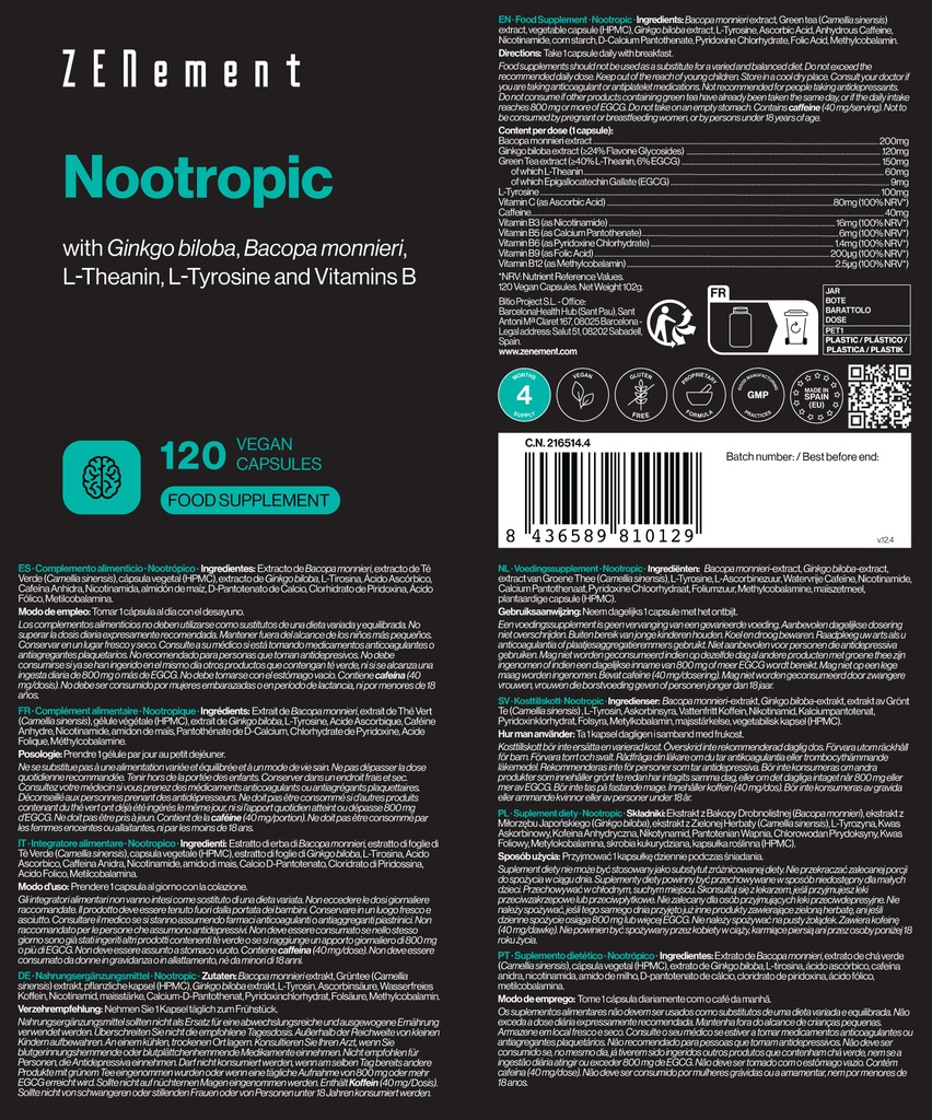 Nootrópico - 120 Cápsulas Veganas