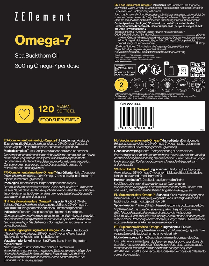 Omega-7 Aceite de espino amarillo - 120 Cápsulas blandas Veganas