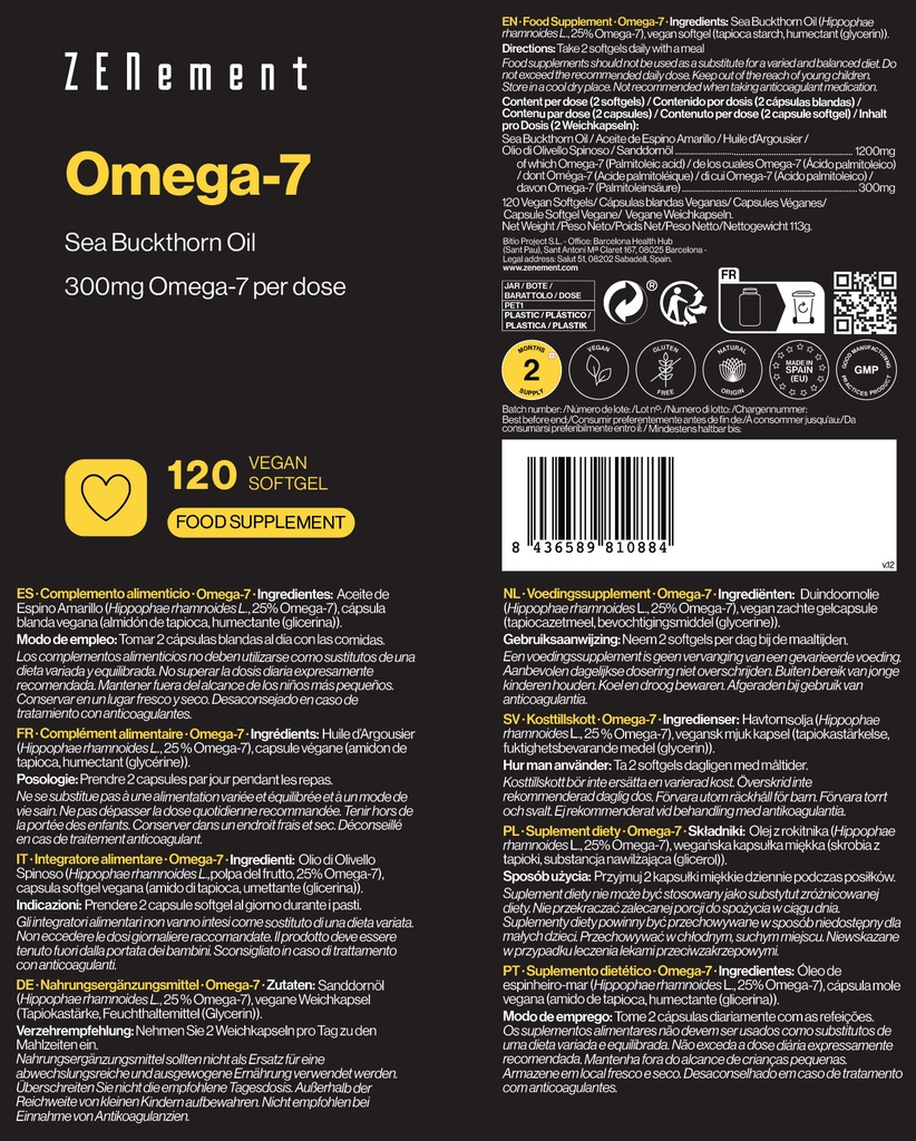 Omega-7 Aceite de espino amarillo - 120 Cápsulas blandas Veganas