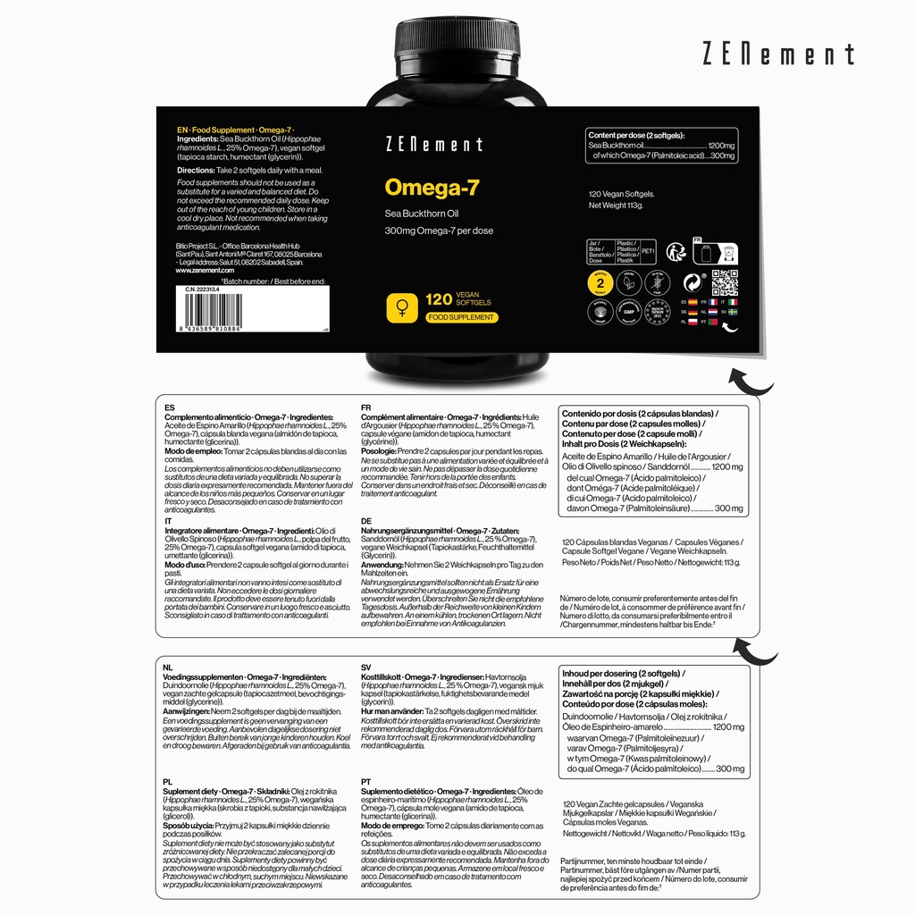 Omega-7 Aceite de espino amarillo - 120 Cápsulas blandas Veganas
