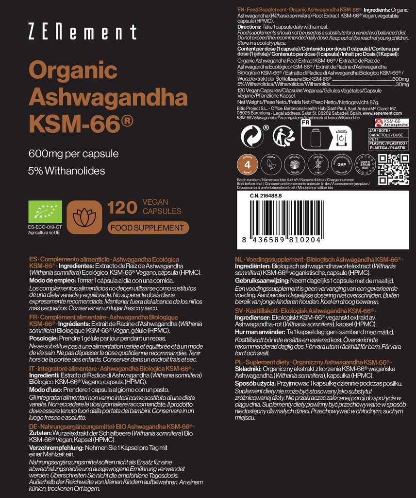Ashwagandha Ecológica KSM-66 - 120 Cápsulas Veganas
