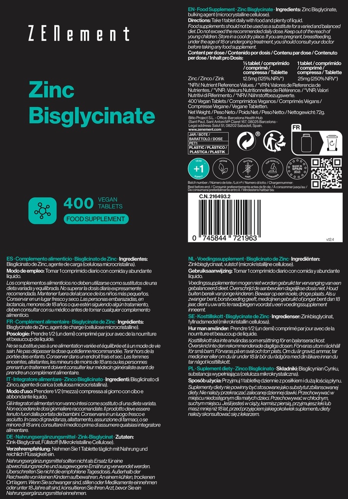 Bisglicinato de Zinc - 400 Comprimidos Veganas
