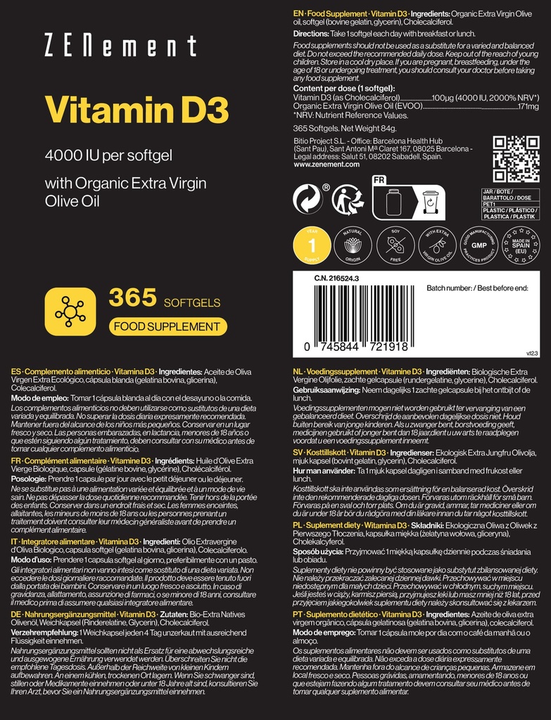 Vitamina D3 - 365 Cápsulas blandas