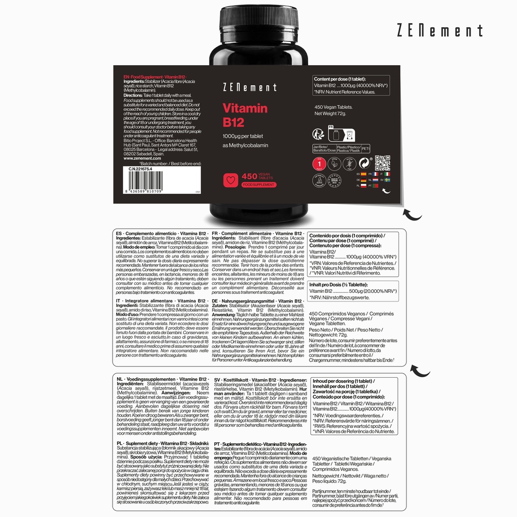 Vitamina B12 - 450 Comprimidos Veganas
