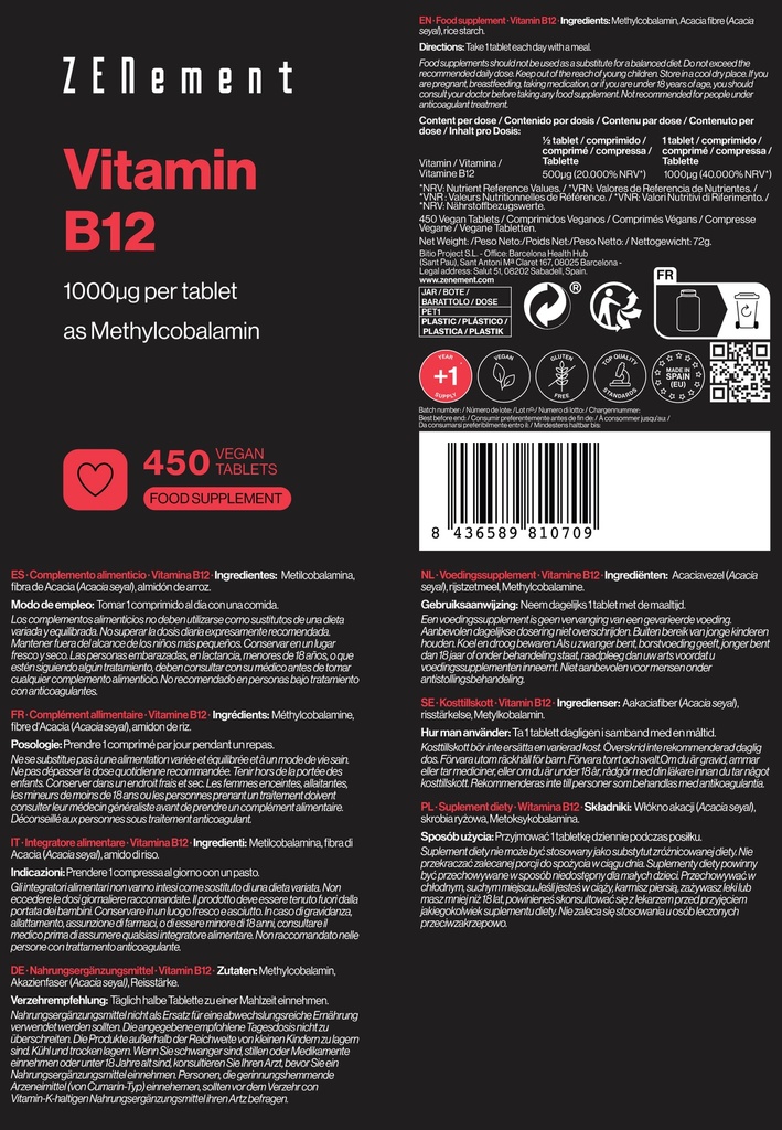 Vitamina B12 - 450 Comprimidos Veganas