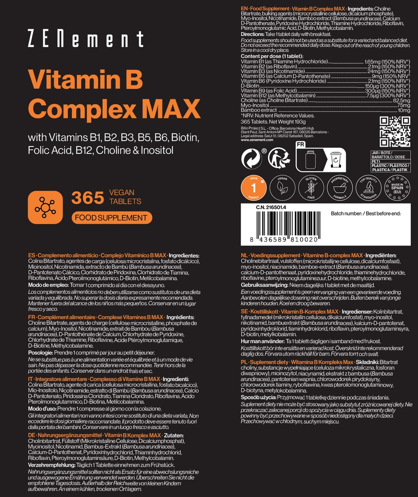 Complejo Vitamínico B MAX - 365 Comprimidos Veganas