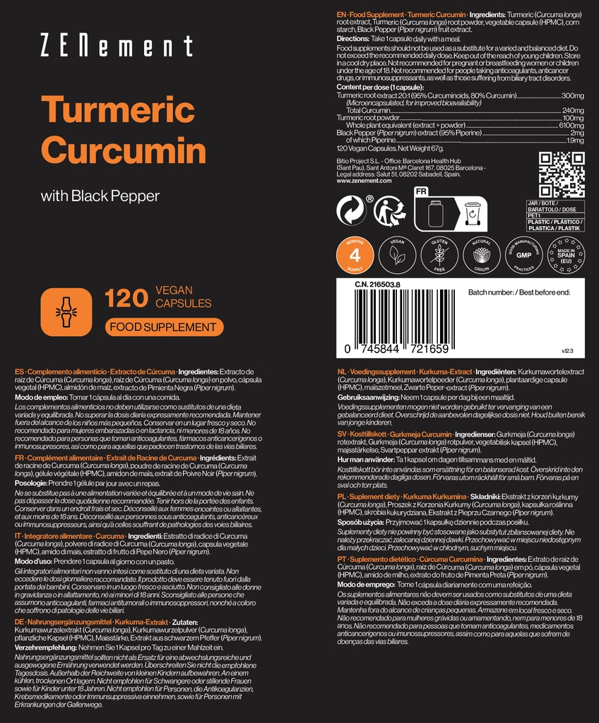 Extracto de Cúrcuma - 120 Cápsulas Veganas