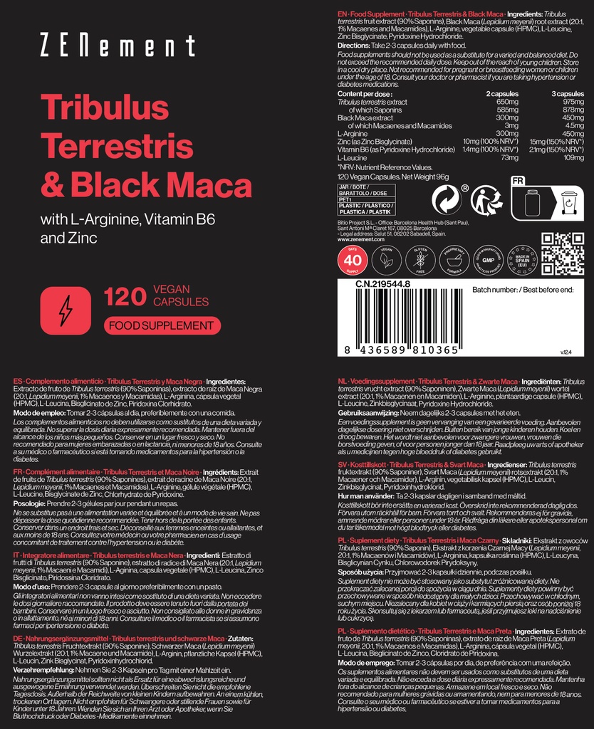 Tribulus Terrestris y Maca Negra - 120 Cápsulas Veganas
