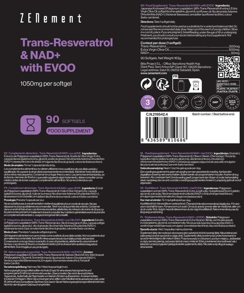 Trans-Resveratrol & NAD+ con AOVE - 90 Cápsulas blandas