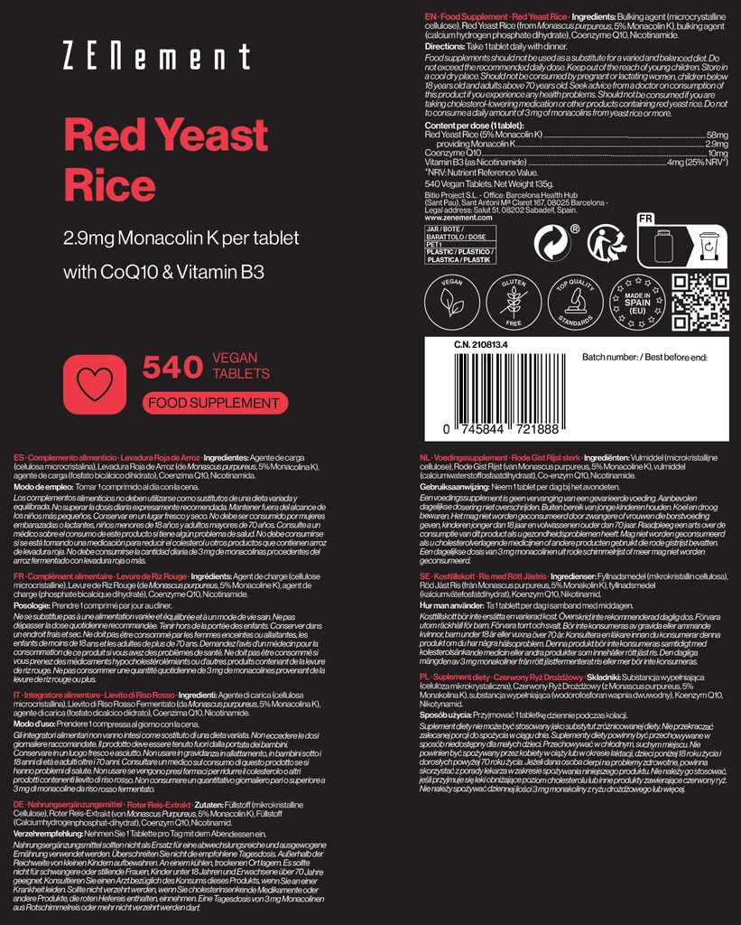 Levadura Roja de Arroz - 540 Comprimidos Veganas