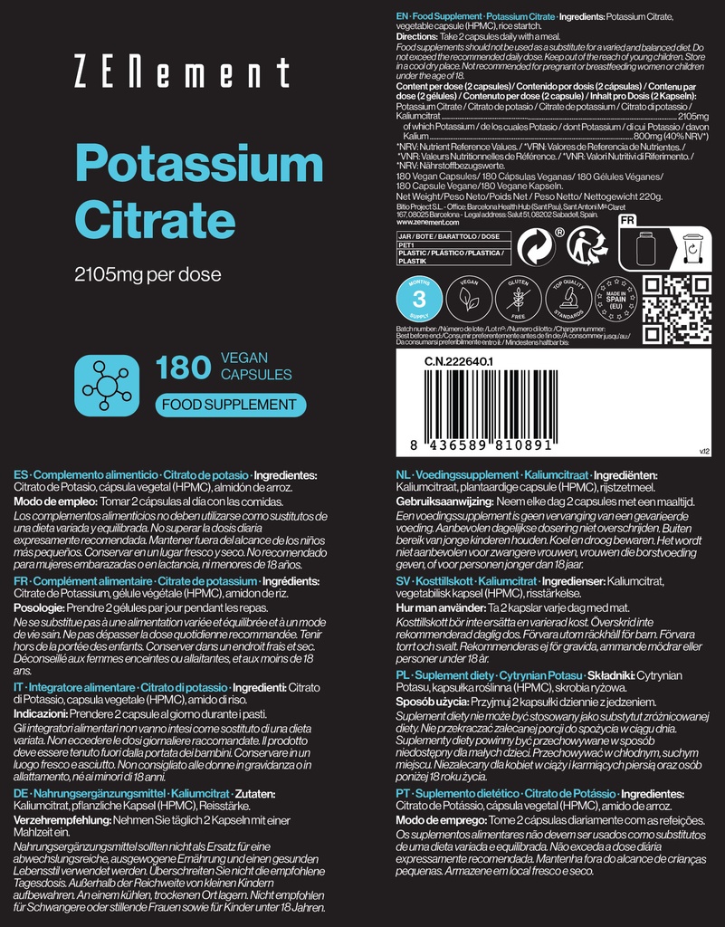 Citrato de Potasio - 180 cápsulas veganas