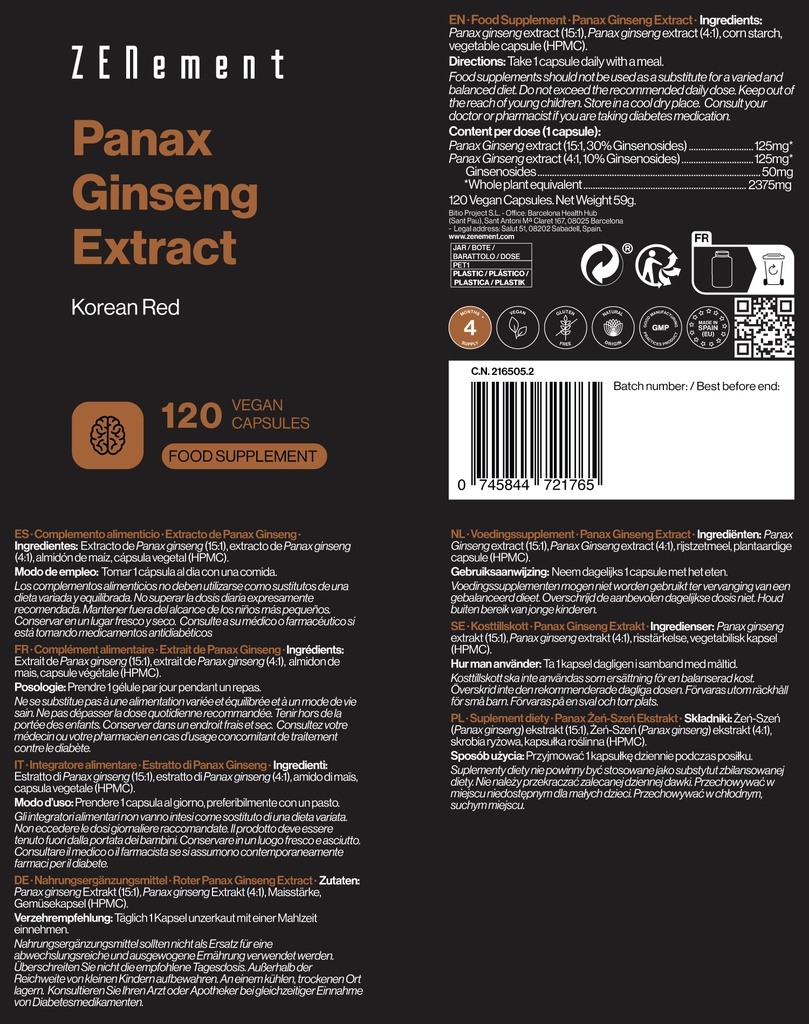 Extracto de Panax Ginseng - 120 Cápsulas Veganas