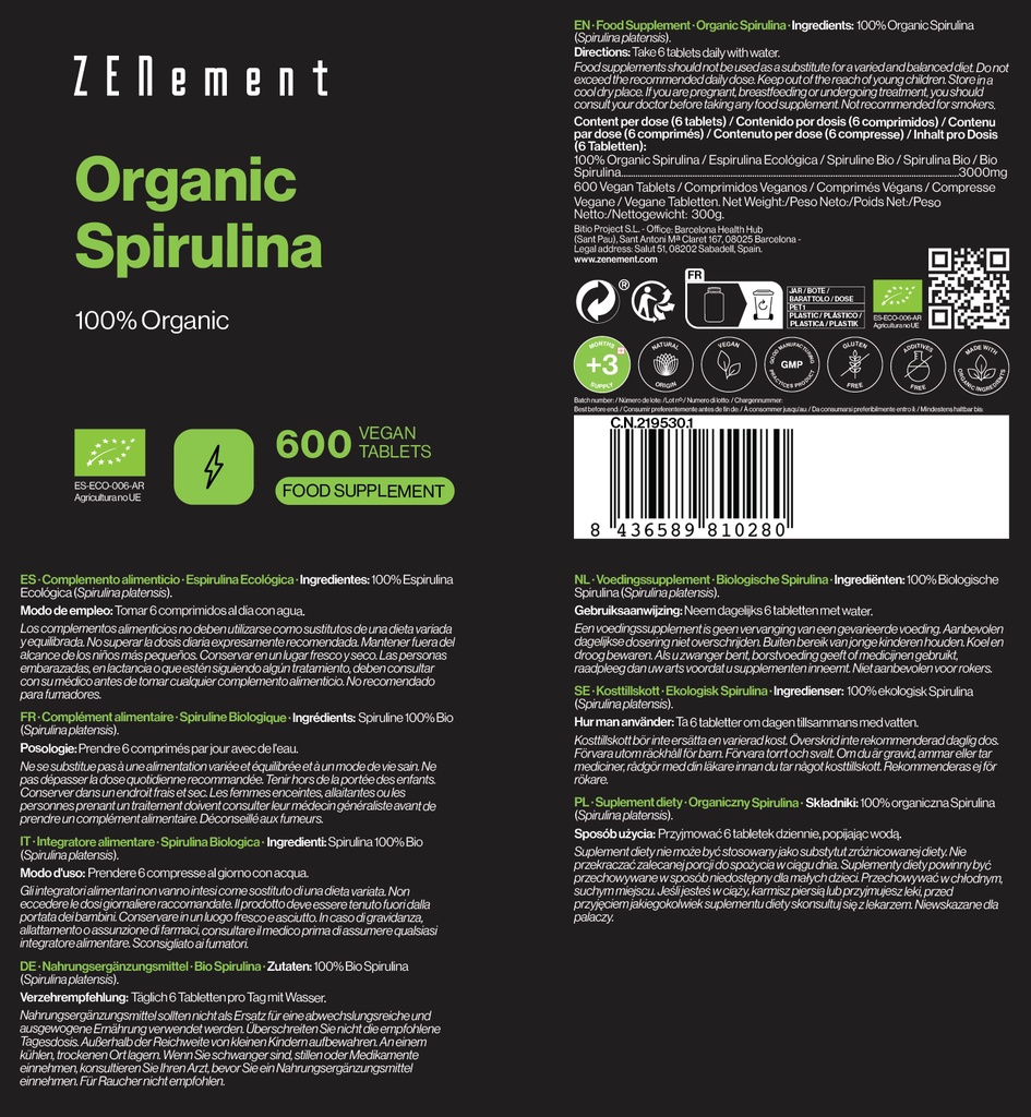 Espirulina Ecológica - 600 Comprimidos Veganas