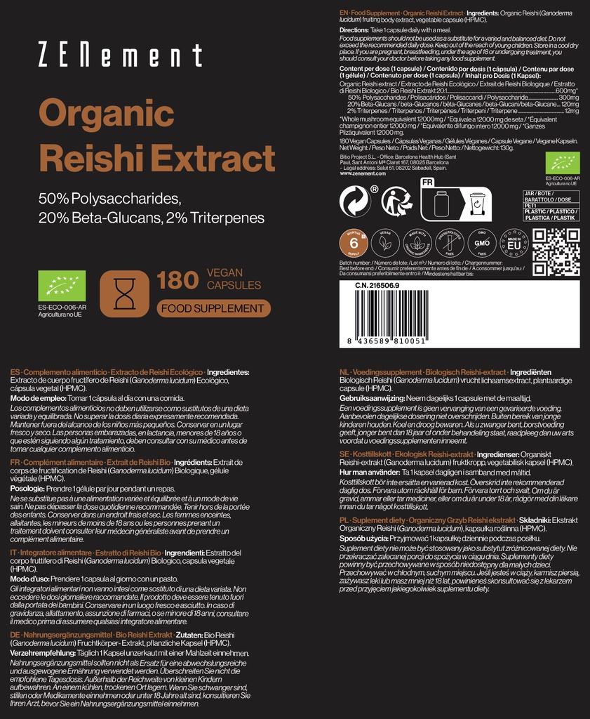 Extracto de Reishi Ecológico - 180 Cápsulas Veganas
