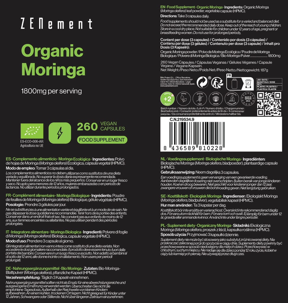 Moringa Ecológica - 260 Cápsulas Veganas