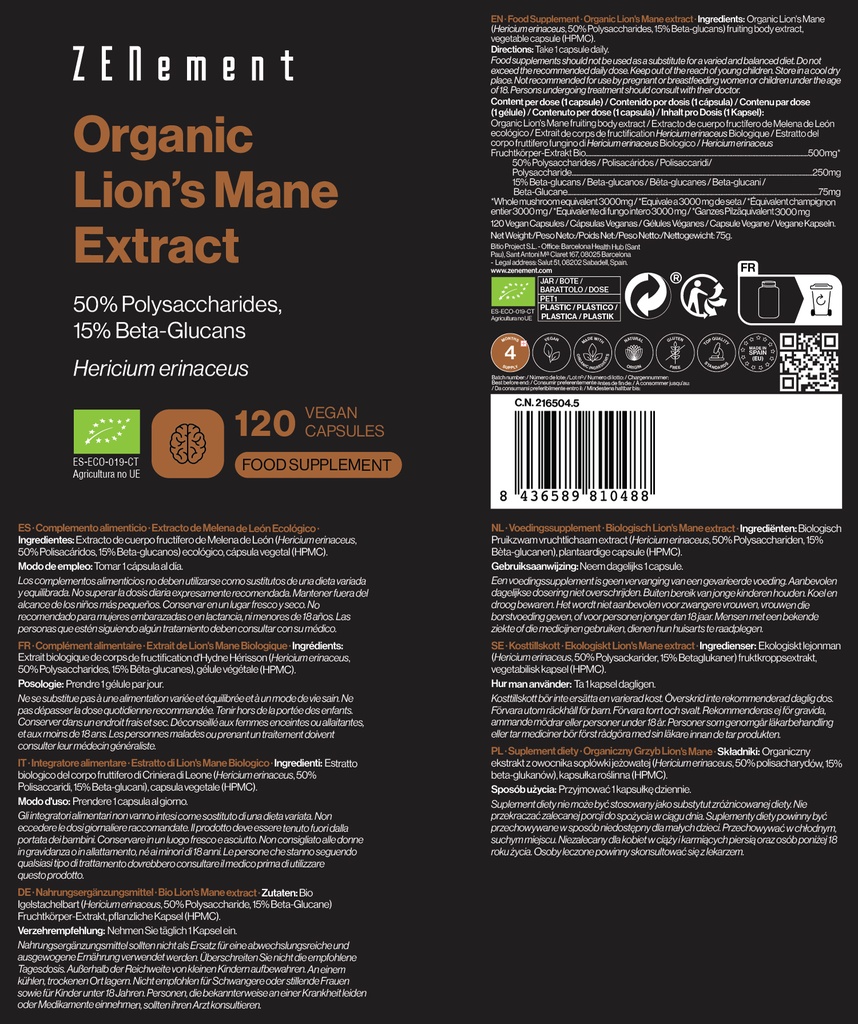 Extracto de Melena de León Ecológico - 120 Cápsulas Veganas