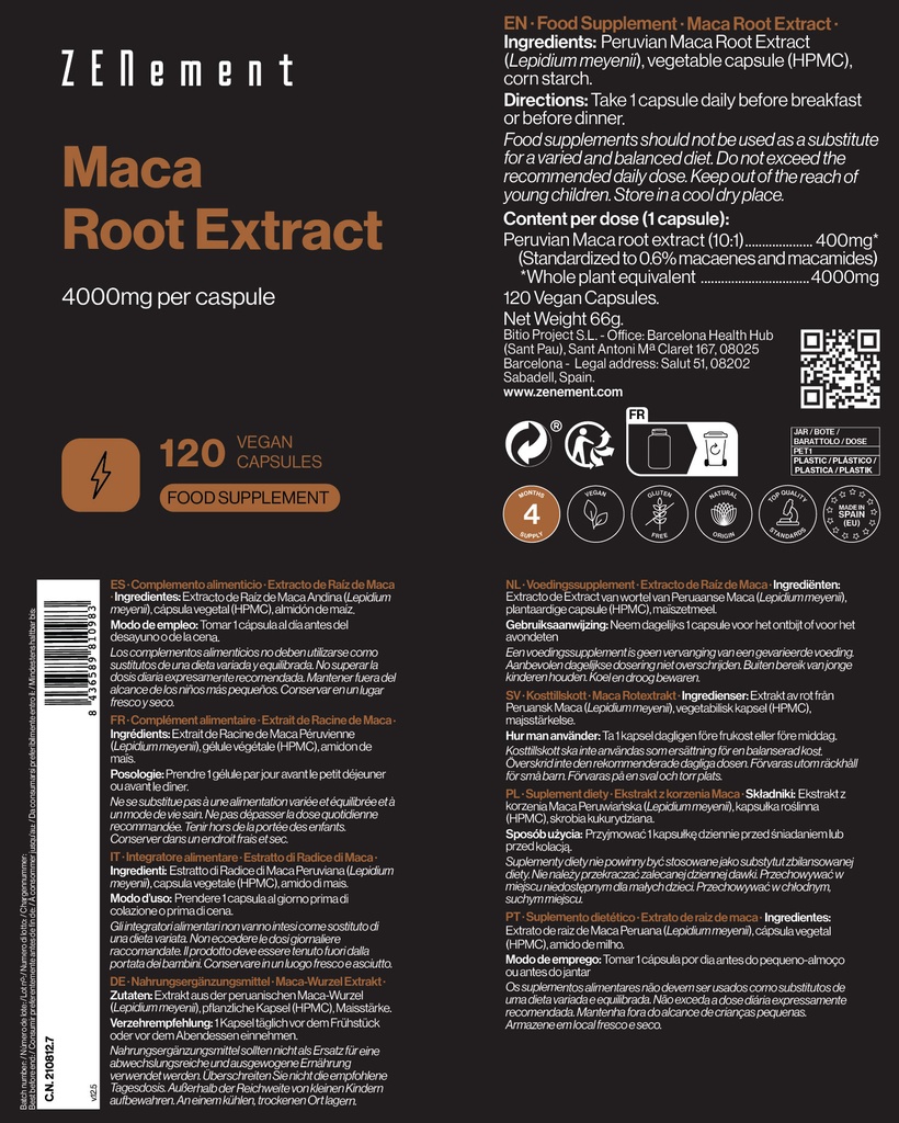 Extracto de Raíz de Maca - 120 Cápsulas Veganas