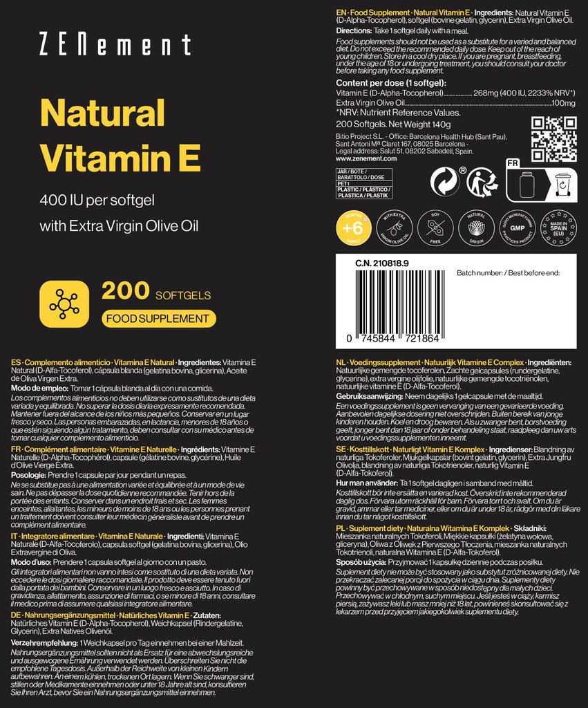 Vitamina E Natural - 200 Cápsulas blandas