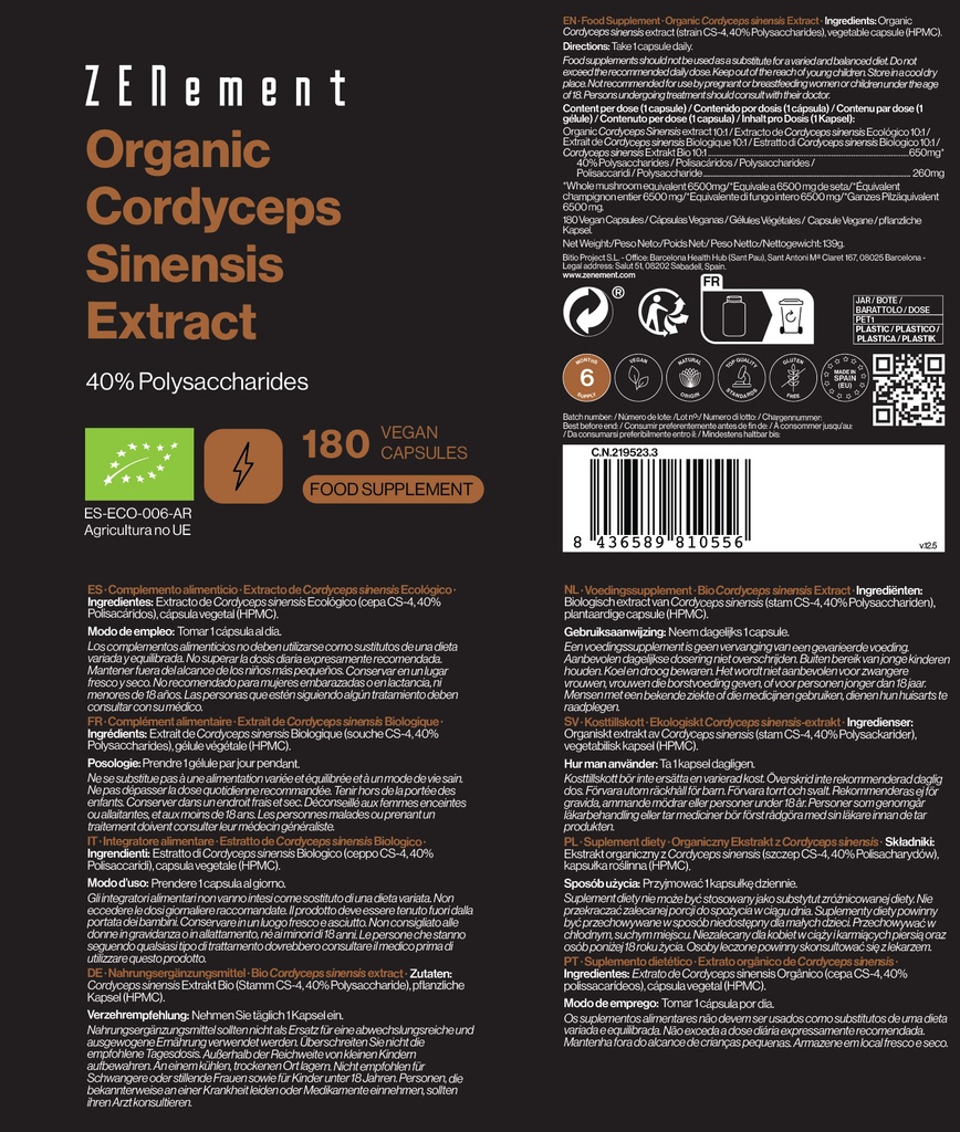 Cordyceps sinensis Ecológico - 180 Cápsulas Veganas