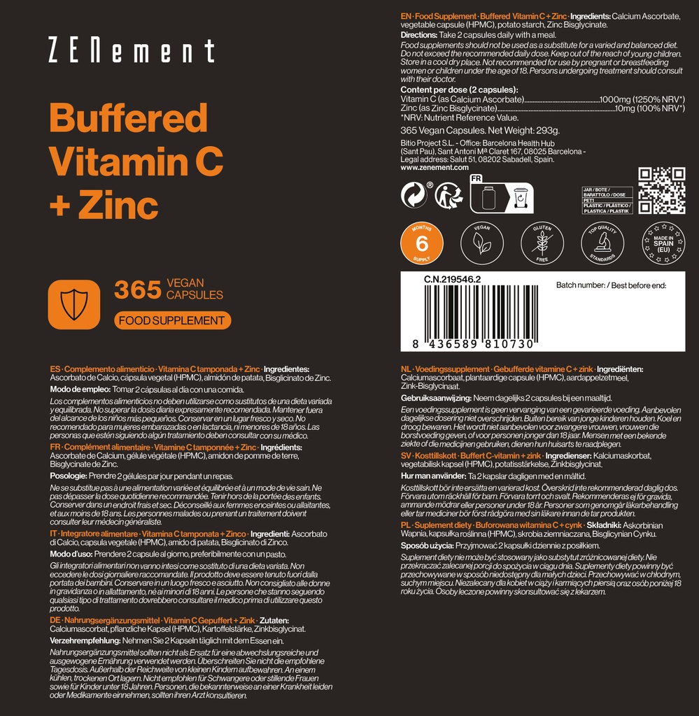Vitamina C Tamponada + Zinc - 365 Cápsulas Veganas