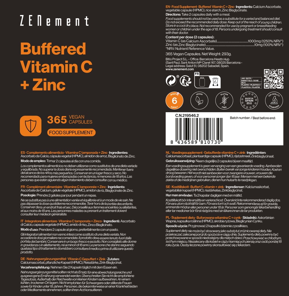 Vitamina C Tamponada + Zinc - 365 Cápsulas Veganas