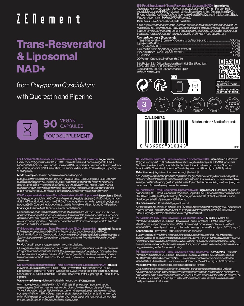 Trans-Resveratrol y NAD+ Liposomal - 90 Cápsulas Veganas