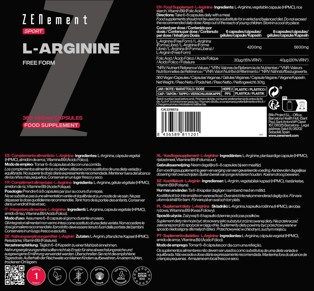 L-Arginina - 360 Cápsulas Veganas