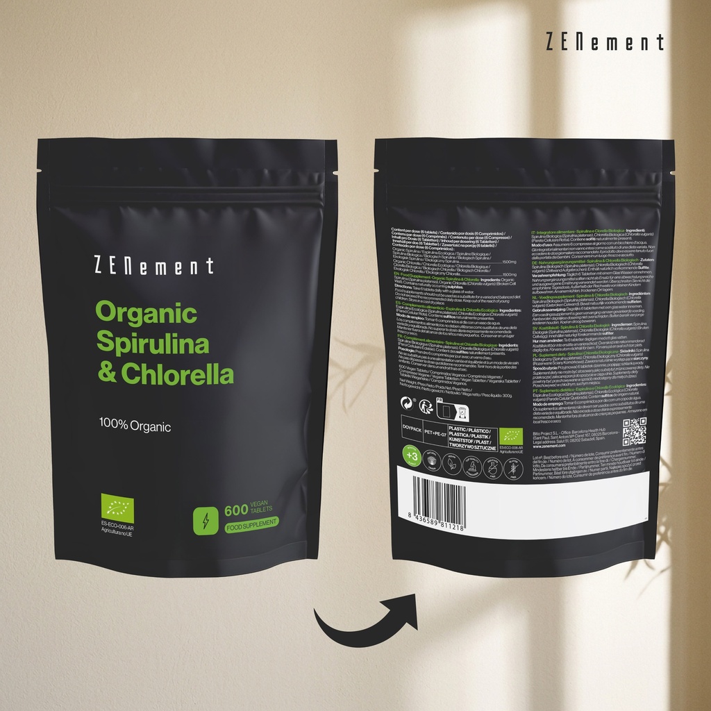 Espirulina + Clorella - 600 comprimidos veganos  